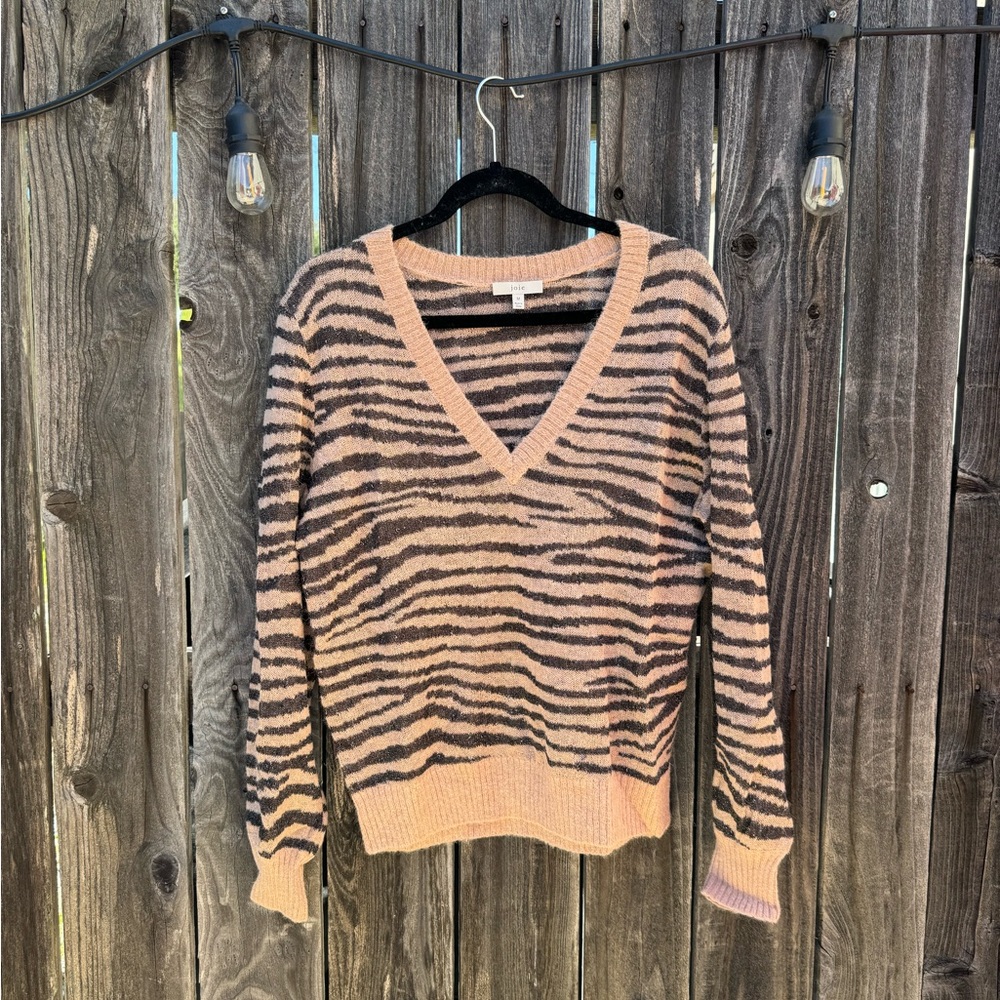 Joie Zebra Shimmery Sparkle Pink Black Zebra Striped V Neck Sweater Medium